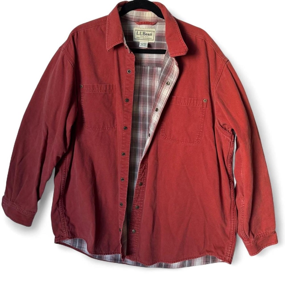 L.L.Bean Orange Red Canvas Jacket Shacket Plaid Flannel Lining Cotton Vintage